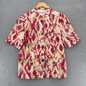 Chicos Jacket Womens 0 US Small Red Ivory Linen Blend Short Sleeves Button Up